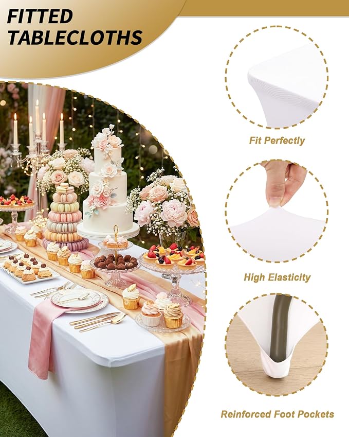 Fixwal White Stretch Table Cloth Rectangle 4 Pack 6Ft, Spandex Fitted Table Covers Washable for Party, Trade Show, Banquet, Wedding, Buffet