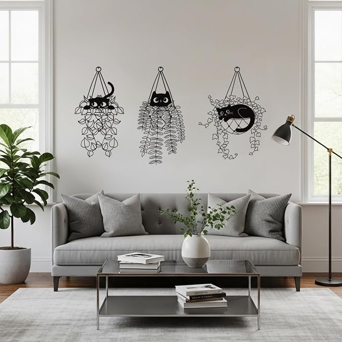 Fiwochic 3 Pcs Black Cat Metal Wall Decor Cute Black Cat Botanical Wall Art Leaves Art Hanging Plant Decoration for Cats Lover Minimalist Room Living Room Patio Decor Gift