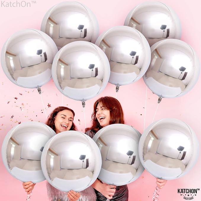 KatchOn, Metallic Silver Balloons - 22 Inch, Pack of 12 | 4D Round Mylar Balloons for Silver Birthday Party Decorations | 25th Anniversary Decorations, Engagement, Bridal Shower Decor