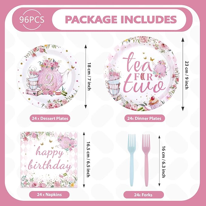 96Pcs Tea for Two Party Supplies Tea 2nd Year Old Girl Birthday Plates and Napkins Pink Floral Teapot Theme Tableware Set for Girls Tea-themed Baby Shower Birthday Party Supplies，Serves 24