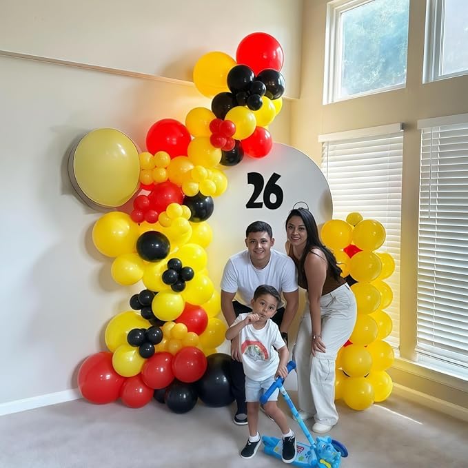 Red Black Yellow Balloon Garland Arch Kit, 117pcs Cartoon Birthday Party Decorations with White Long Balloon Lightning Strike Gold Explosion Star Foil Balloons for Cartoon Ball Baby Shower Party Decor