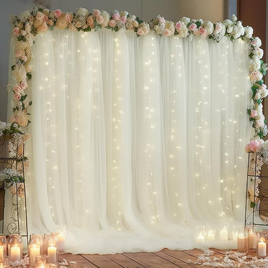 10x10ft Ivory Tulle Backdrop Curtain with Lights String for Parites, Sheer Photo Backdrop Curtain Drapes for Wedding Baby Shower Birthday Party Photo Shoot Decorations