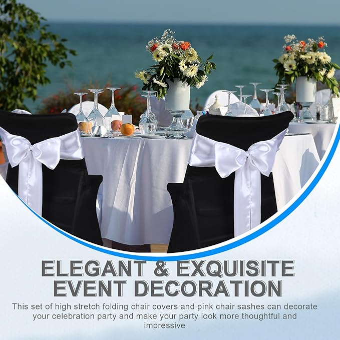 Lounsweer 50 Pcs Folding Chair Cover Set with 25 Stretch Spandex Slipcovers 25 Satin Chair Sashes Bows Ribbon Washable Banquet Protector for Wedding Event Party(Black, White)