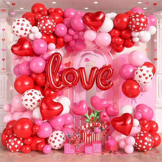 Valentines Day Balloons Arch Garland Kit, 126Pcs Red Pink Valentines Party Decorations with LOVE Red Heart Balloon for Galentines Anniversary Engagement Wedding Supplies