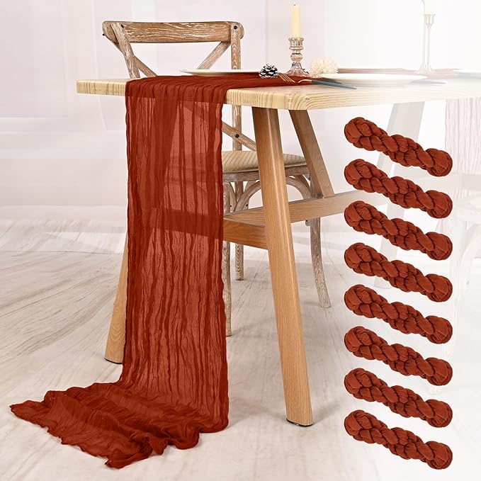 8 Pack Terracotta Cheesecloth Table Runner 10FT Boho Gauze Cheese Cloth Table Runner Rustic Sheer Fabric Table Runners for Wedding Bridal Shower Baby Shower Party(21.5×120 Inch)