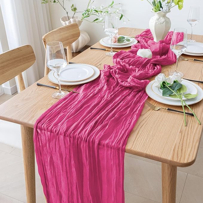 6PCS Table Runner Cheesecloth 10FT Deep Pink Boho Gauze Cheese Cloth Rustic Sheer Table Runners for Wedding Birthday Bridal Baby Shower Party Decoration