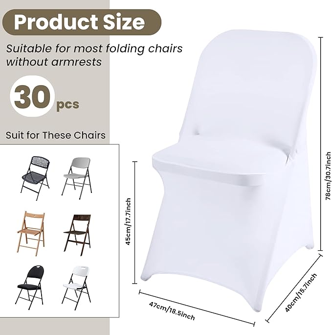 Folding Chair Covers 30 PCS Stretch Spandex Chair Covers Upgraded Universal Washable Fitted Chair Slipcovers Protector for Party, Wedding, Holidays, Banquet, Celebration (White, 30 PCS)