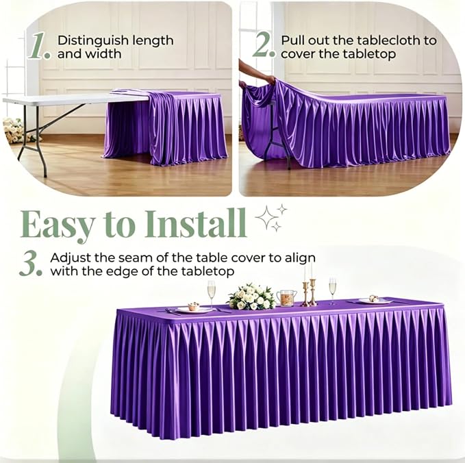 1 Pack Purple Satin Tablecloths Rectangle 8FT, Glitter Spandex Fitted Stretch Table Covers Wrinkle-Free Floor Length Shimmer Table Skirt for Weddings Parties Baby Shower Banquets Vendor Events