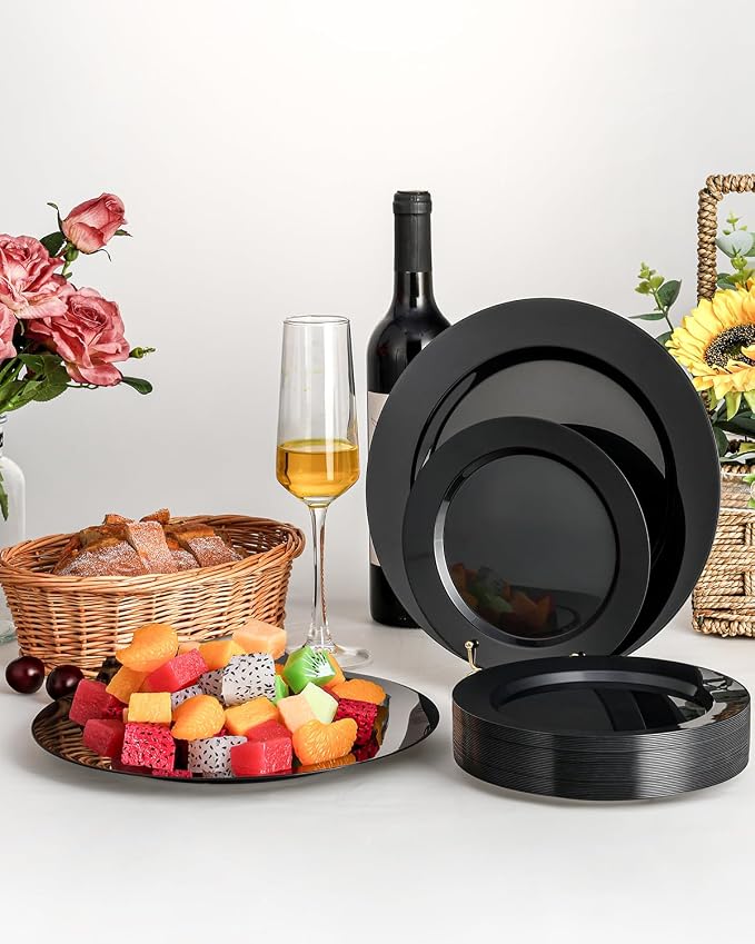 BESTVIP 200PCS Black Plastic Plates, Disposable Party Plates with 100 Dinner Plates and 100 Dessert Plates, Plastic Plates for Party, Wedding, Birthday