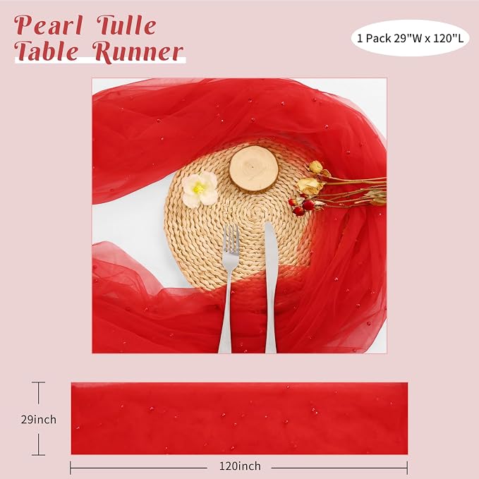 Pearl Table Runner 29 x 120 Inch Tulle Fabric Lace Table Runners for Bridal Shower Birthday Party Wedding Arch Dessert Table Decor(1 Pack, Red)