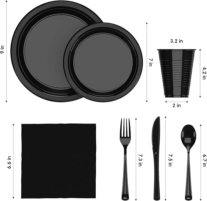 350 Pcs Black Plastic Plates For Party, Black Disposable Plates Set, 50 Of Each 9" Dinner Plate Set, 7" Dessert Plate, Cups, Napkins & Cutlery Plastic Dinnerware Set Exquisite