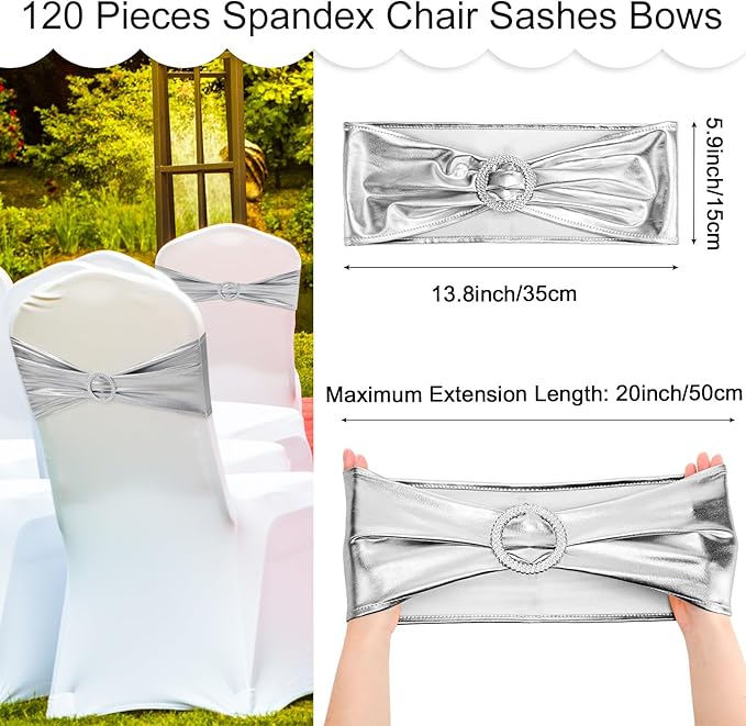 Oudain 120 Pieces Spandex Chair Sashes with Buckle Stretch Chair Cover Bands Bows for Wedding Hotel Banquet Events Decorations Sashes(Silver)