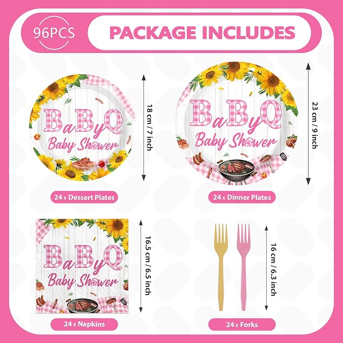 96Pcs Baby Q Baby Shower Party Decorations Pink BBQ Plates and Napkins Pink Gingham Tableware Set for Girls BabyQ Picnic Themed Birthday Gender Reveal Party Supplies, Serves 24
