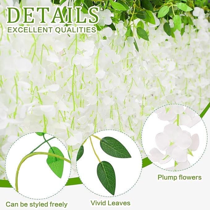 300 Branches Wisteria Hanging Flowers,20Pcs Total 120ft White Wisteria Artificial Flowers Garland Vine Silk Hanging Flowers for Wedding Party Arch Ceremony Garden Home Backdrop Decor