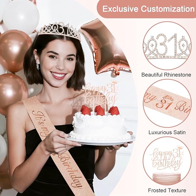 31st Birthday Decorations for Women, 52pcs Sweet Rose Gold Happy 31 Birthday Decorations Including 31st Rose Gold Crown, Sash, Banner, Background for 31 Party Decorations Set