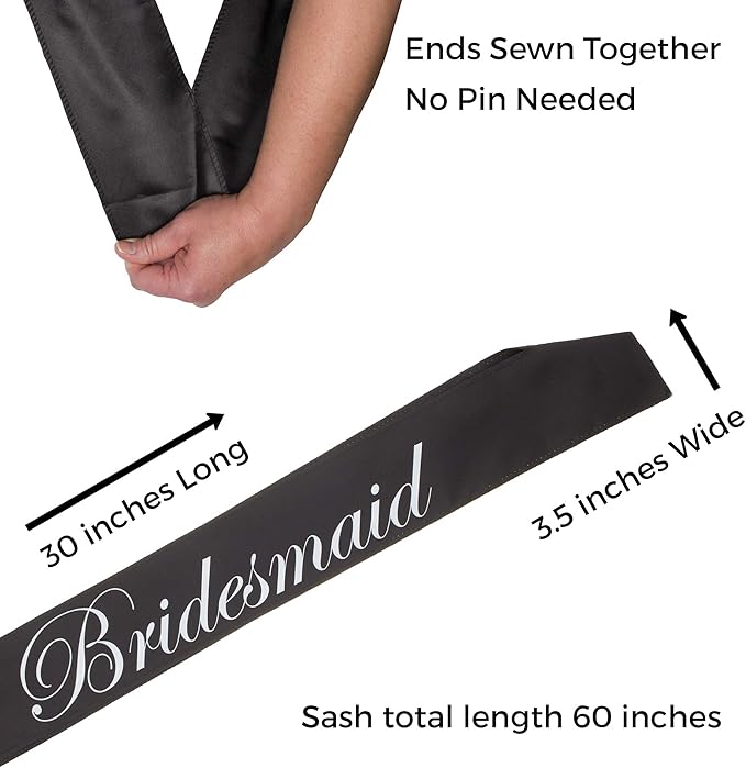 Ella Celebration Bridesmaid Double Layer Sash Set, Black Satin Bridal Shower Bachelorette Party Accessories Sashes (Bridesmaid, Set of 5)