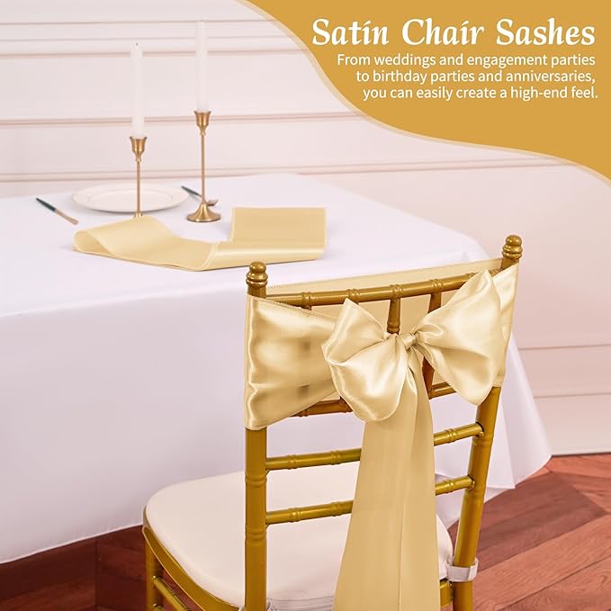 120 PCS Champagne Satin Chair Sashes, Ties Bows Designed Sashes for Washable Reusable Chair Covers Supplies for Wedding Reception Events Banquets Party Hotel Event Aisle Decorations (7 x 108 inch)