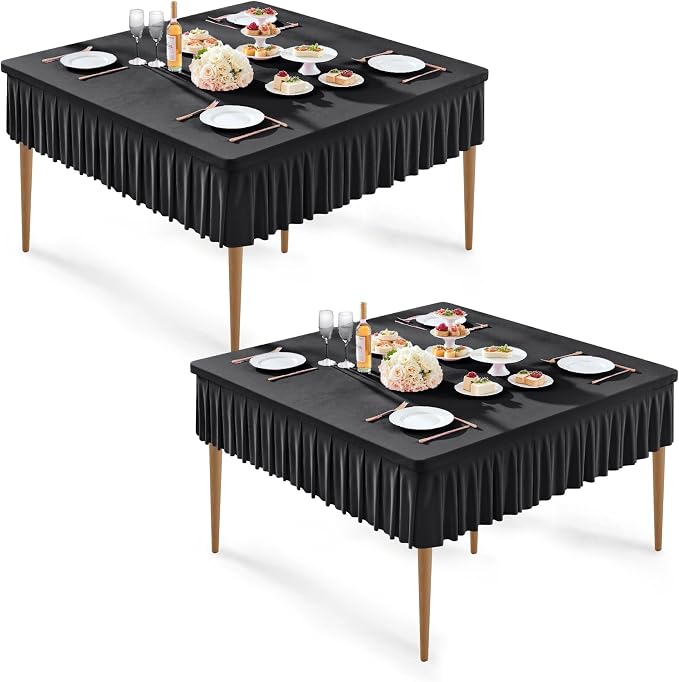 Wish Care 2 Pack Black Spandex Tablecloths for 48x48 Inch Square Tables, Stretch Fitted Table Clothes with Pleated Ruffle Skirt for 48” Table, Wrinkle Free and Elastic, for Party Kitchen Home Dining