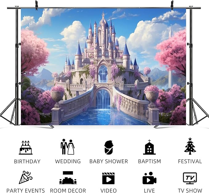 15x10ft Princess Castle Backdrop Pink Floral Blue Sky Photography Background White Cloud Forest Mountain Girls Birthday Baby Shower Banner Decorations Wedding Party Portrait Photo Booth Prop