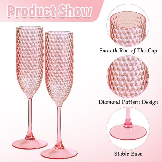 Pesonlook 48 Pack Plastic Champagne Glasses Pink Reusable Diamond Crystal Clear Wine Glasses Diamond Wine Cups Vintage Drinking Glasses for Wedding Reception, Grand Event Party Supplies