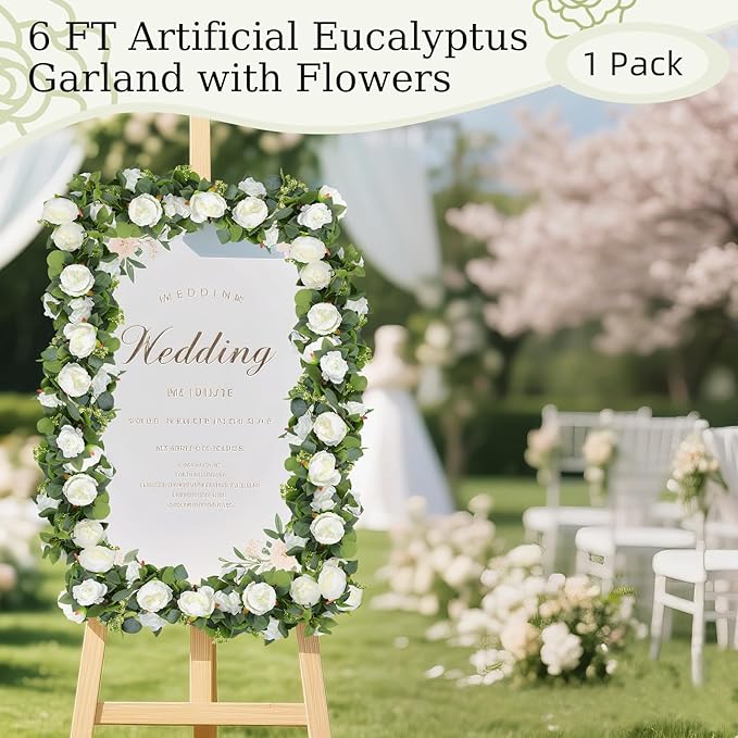 Lewondr Artificial Eucalyptus Garland with Flower - 4 Rose 4 Peony, 6FT Faux Floral Greenery Garlands Fake Flowers Vines, Maintenance-Free for Wedding Table Shelf Backdrop Party Room Decor, White