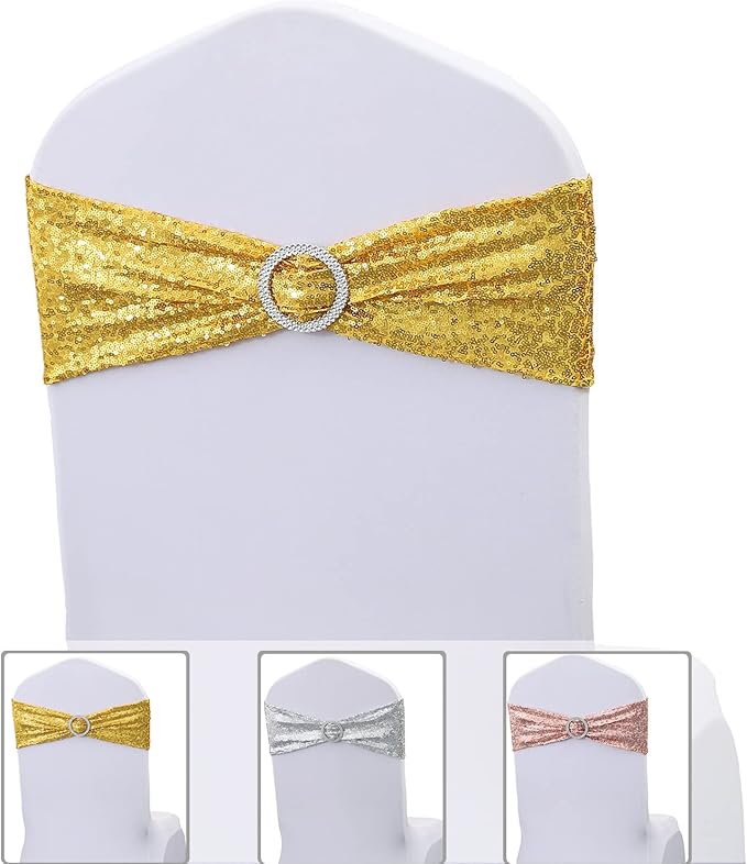 100 Pack Gold Sequin Chair Sashes for Wedding Decor, Glitter Chair Sash Bows Bands with Buckles for Party Birthday Christmas Anniversary Banquet Celebration Events Decorations