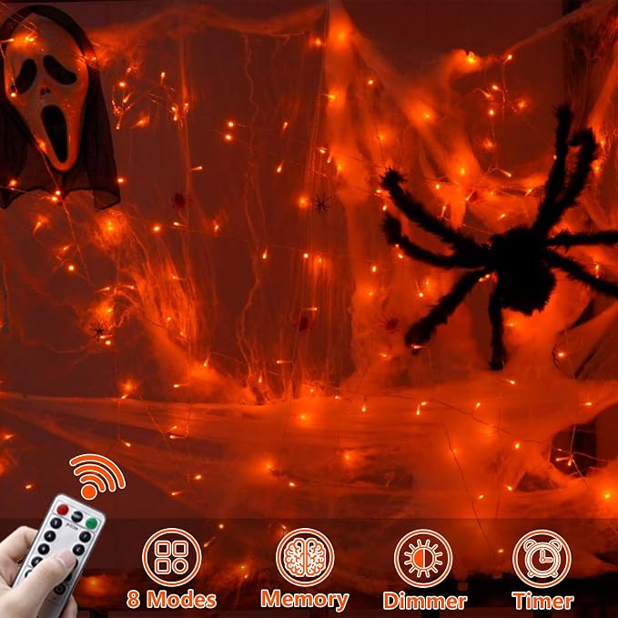 YEGUO Thanksgiving Lights Battery Operated, 2 Pack Each 33ft 100 LED Orange String Lights Outdoor Waterproof, Clear Wire Fairy Christmas Light Indoor with Remote
