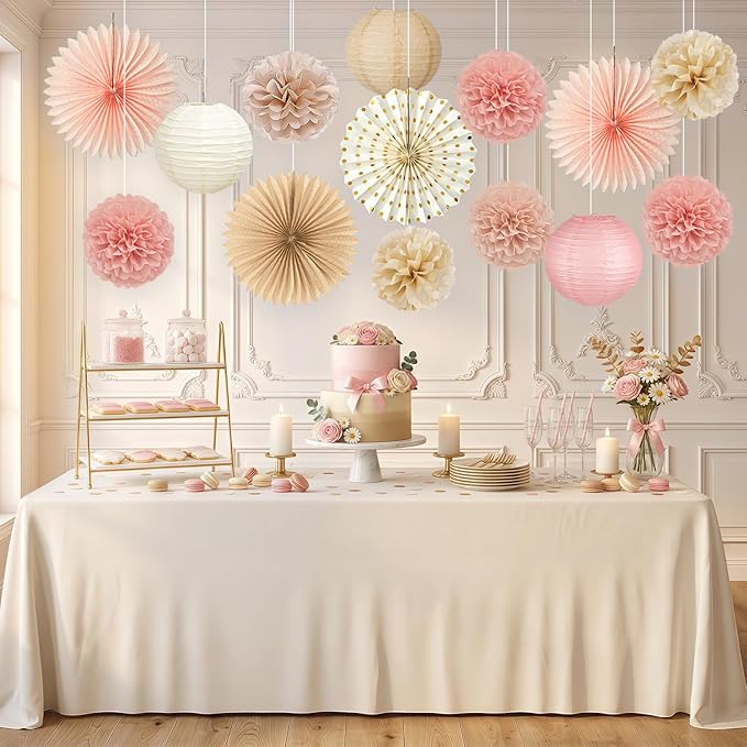 ADLKGG Champagne Gold Pink Party Decorations, 14 Pcs Hanging Paper Fans, Lanterns, Pom Poms, Neutral Boho Backdrop for Baby Shower, Birthday, Bridal Shower, Wedding, Spring Party