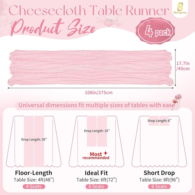 4 Pack Light Pink Cheesecloth Table Runner 17 x 108 inch Boho Gauze Table Runner Rustic Sheer Cheese Cloth Table Decorations for Wedding Party Baby Bridal Shower Birthday Holiday Home