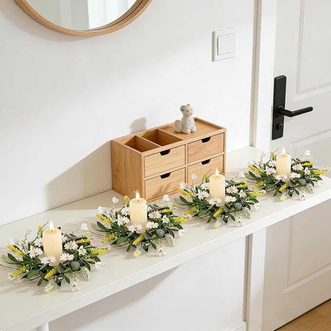 6 Pcs Artificial Spring Summer Swag Wreaths Mini White Daisy Floral Wreath Farmhouse Kitchen Cabinet Wreath Hanging Flowers Wreaths for Front Door Indoor Outdoor Home Decor Festival Celebrations