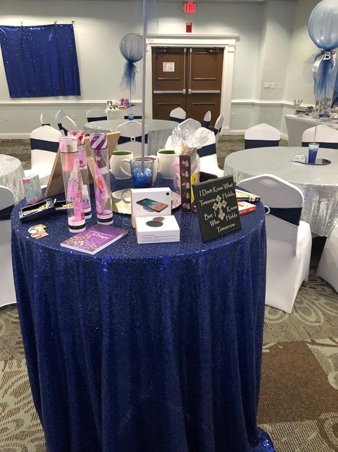 132 Inch Round Navy Blue Sequin Tablecloth, Metallic Large Glitter Sparkle Table Cloth for Dining Banquet Table, Sequin Table Linen for Graduation Wedding Party Decorations