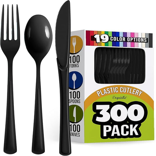 Party Solids Black Plastic Silverware Heavy Duty 300 Pieces Black Disposable Silverware Heavy Duty, Utensil Sets, 100 Of Each Forks, Knives & Spoons Disposable Cutlery Set For Party Supplies