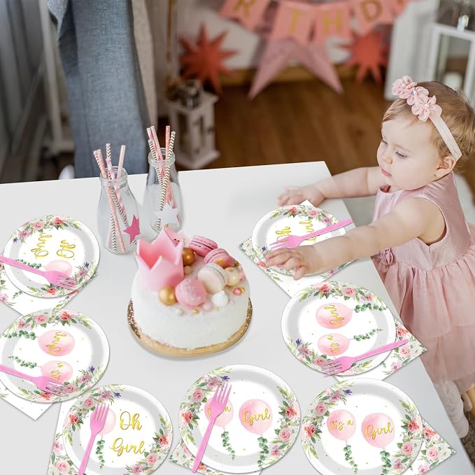 96Pcs Oh Girl Watercolor Pink Balloon Party Supplies Greenery Girl Baby Shower Tableware Set Pink Flower Party Favor Birthday Baby Shower Parties Plates and Napkins Table Decorations for 24 Guests