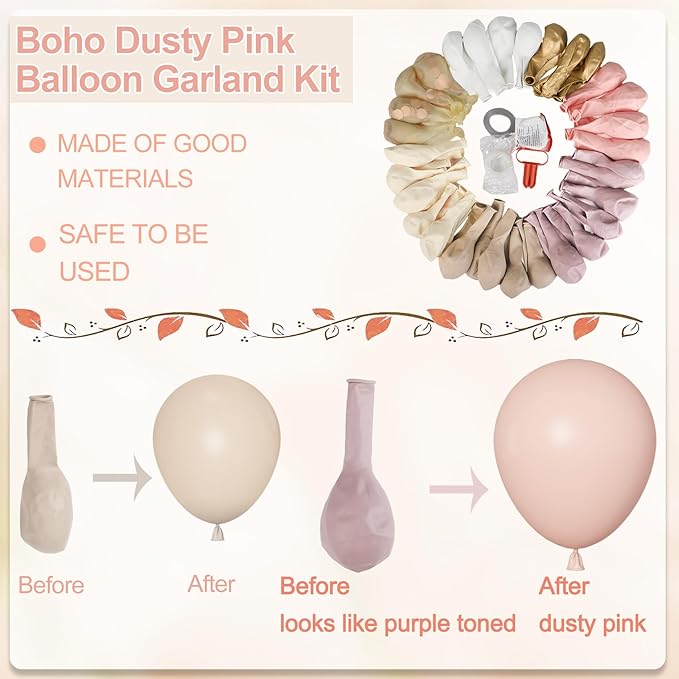 Amandir 173Pcs Boho Dusty Pink Balloon Arch Garland Kit, Neutral Baby Pink Ivory White Sand Nude Rose Gold Confetti Balloons for Monther Day Shower Gender Reveal Wedding Birthday Party Decorations
