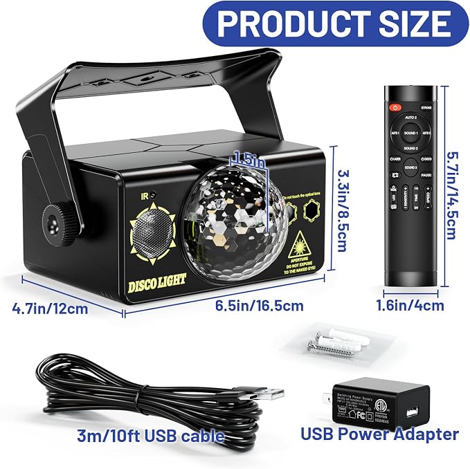 Party Lights DJ Disco Ball & LED Stage Strobe Light with Sound-Activated 10ft USB-C Cable,Remote,Disco Lights for Parties Indoor Use,Birthday,Dance,Clubs,Bar,Living Room,Weddings, Holidays Décor