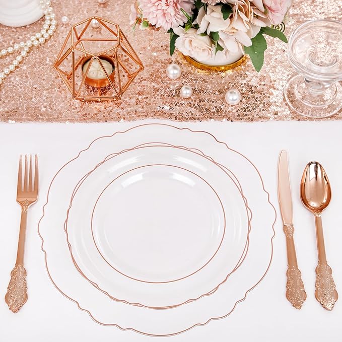 WDF 100pcs Rose Gold Plates Plastic Disposable - Baroque Clear and Rose Gold Plates for Mother's Day, Parties or Weddings including 50PCS Dinner Plates 10.25’’ and 50PCS Salad Plates 7.5’’