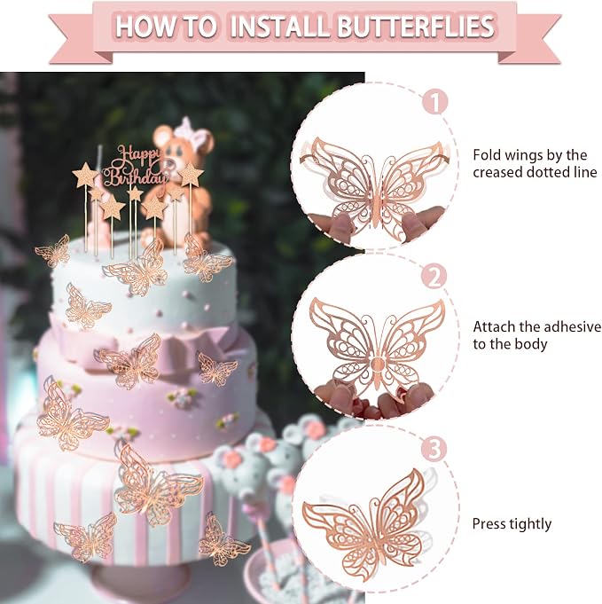 Guudmua 285 Pcs Rose Gold Party Decorations, Birthday Decorations For Women Or Girl - Knives, Forks and Spoons, Tiara, Butterfly, Sash, Paper Pom Poms, Balloon Stand, Tableware For 25 Guests