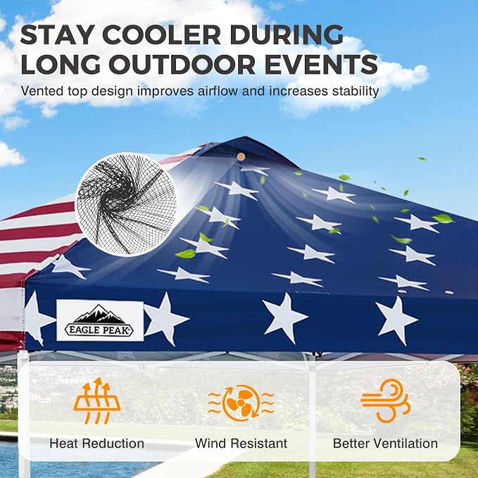 EAGLE PEAK Pop Up Canopy Tent with Wheeled Carry Bag, 8 Stakes, 4 Ropes, 4 Weight Bags, Easy Set Up Tent Canopy, 10x10 ft, 100sqft of Shade, American Flag