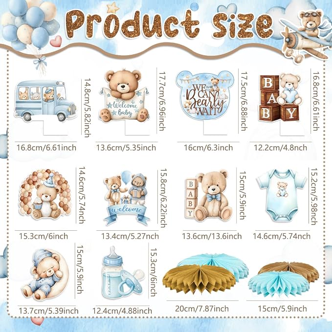 Blue Bear Baby Shower Decorations for Boy We Can Bearly Wait Baby Shower Plates and Napkins Tablecloth Banner Toppers Bracelets Sash Honeycombs Balloons for Boy Baby Shower Party Supplies Serve 26