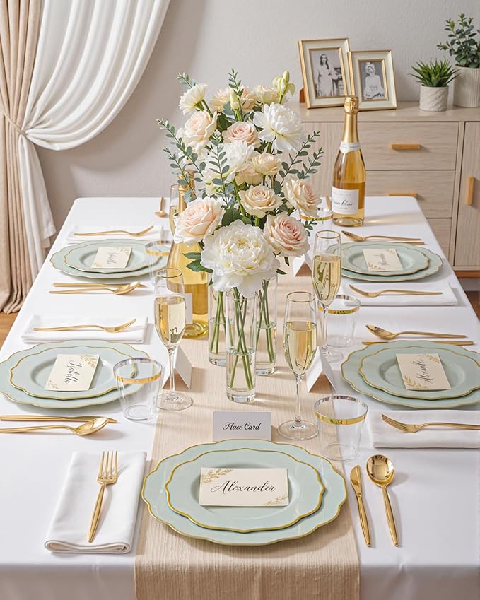 bUCLA 180PCS Green Plastic Plates - Disposable Sage Green with Gold Rim - Include 30 (Dinner & Dessert) Plates, 30 Knives, 30 Forks, 30 Spoons and 30 Cups for Party, Spring & Shower