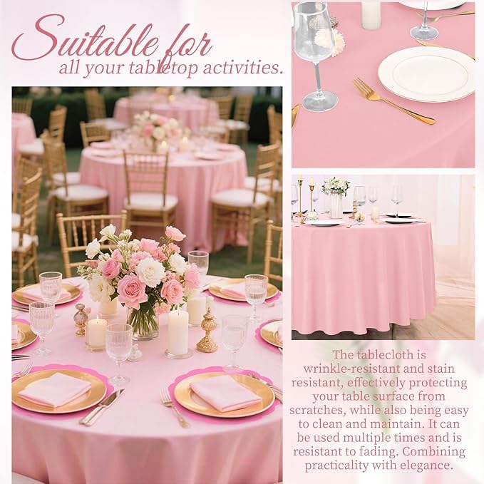 Pesonlook 10 Pack Pink Round Tablecloth 90 Inch, Waterproof Polyester Fabric Table Cloth for Round Tables, Stain Wrinkle Resistant Tablecloths Washable Table Cover for Wedding Dining Party Banquet
