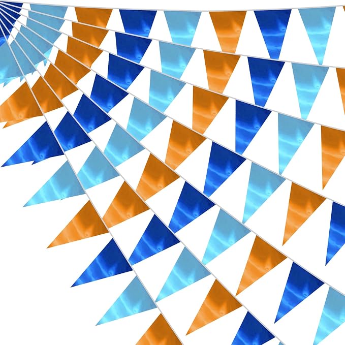 130FT Lakeblue LightBlue Orange Triangle Pennant Banner Flag Metallic Fabric Bunting Garland for Christmas Graduation Wedding Anniversary Bachelorette Birthday Bridal Shower Valentines Party Supplies