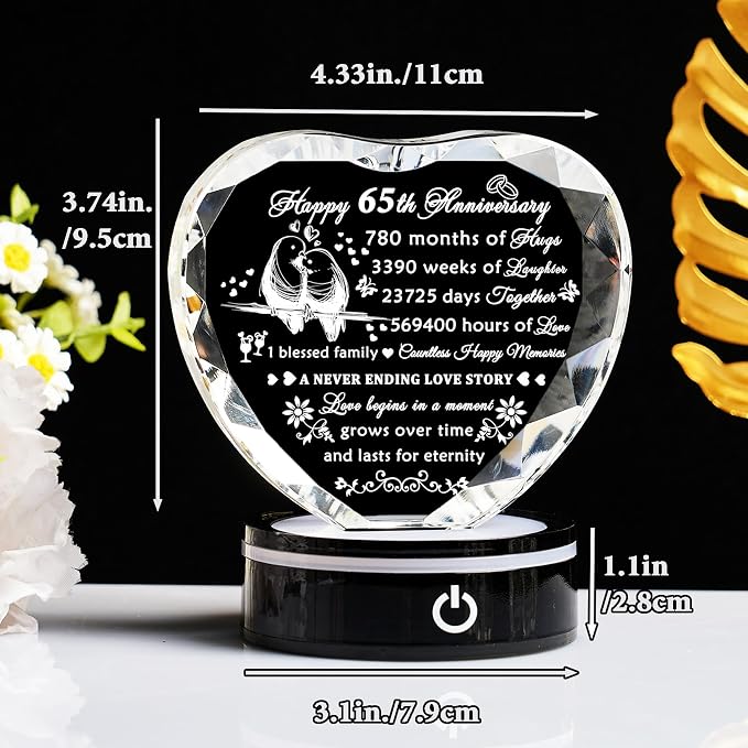 YWHL 65th Wedding Anniversary Crystal Heart Gifts for Parents Couples with LED Base Laser Engraved Happy 65 Years Anniversary Keepsake Gift for Husband Wife 65 Years of Marriage Gifts for Her Him