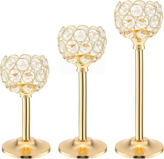 Gold Crystal Tealight Candle Holder Set of 3, Elegant Gold Candles Table Centerpieces, Tall Bling Bowl Candelabra Decor for Wedding, Dining Table, Fireplace Mantel & Party Decoration