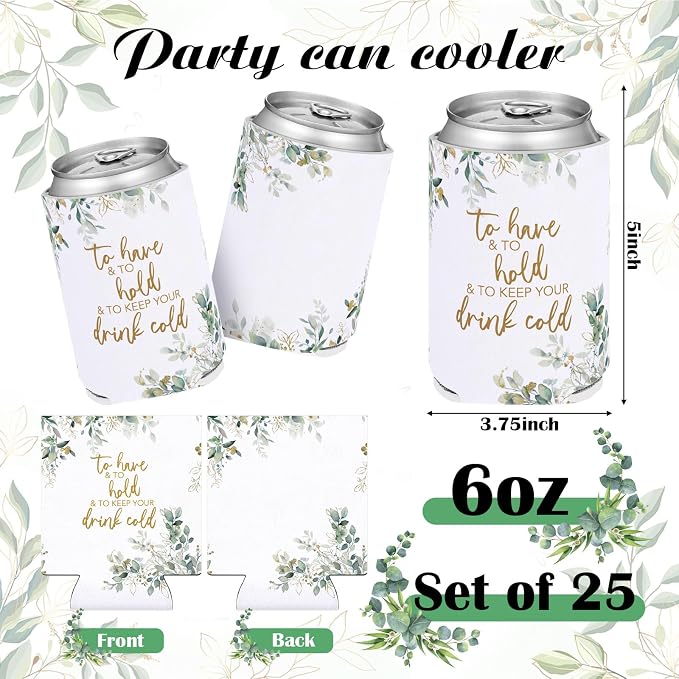 Hoteam 25 Sets Eucalyptus Leaf Wedding Party Favors for Guests Bulk Including Green Can Cooler and Paper Folding Fans with Wedding Decor Table Sign Cheers to Love for Bridal Shower Party Souvenir