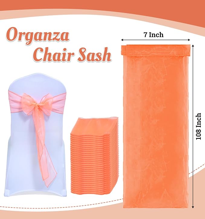 MDS® Pack of 125 Organza Chair Sashes for Wedding Decoration, Reusable Sheer Chair Bows for Banquet Chair Cover, Reception, Bridal Shower, Baby Shower, Birthday Party & Special Events - Light Orange