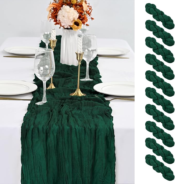 10 Pack Emerald Green Table Runner 10Ft Cheesecloth Table Runner Boho Gauze Table Runners Romantic Long Sheer Fabric Cheese Cloth Table Runners for Wedding Party Bridal Shower