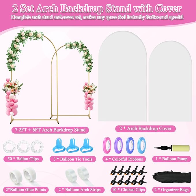 Jupwalz Arch Backdrop Stand and Cover Set, Metal Arch Stand with Rich Balloon Tool for Wedding Birthday Baby Shower Graduation Event Balloon Flowers Decor, Easy to Assemble (7.2FT & 6FT, White)