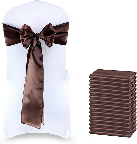 MDS Pack of 100 PCS Satin Chair Sashes Charmeuse Sateen Dining Chair Bows Ribbon Ties Back Sash for Wedding Party Birthday Home Hotel Restaurant Banquet Decoration (7 x 108 Inch, Coffee)