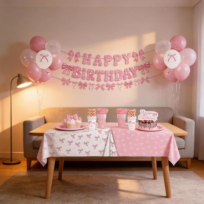 Pink Bow Birthday Party Supplies Serve 24, 232pcs Coquette Birthday Decorations Include Plates Napkins Cups Banner Tablecloth Cake Topper Balloons Tableware for Girls Bachelorette Party Decor